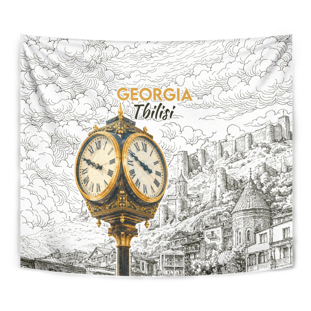 Georgia Tbilisi Clock Tower Tapestry Kartlis Deda Vintage Sketch Style