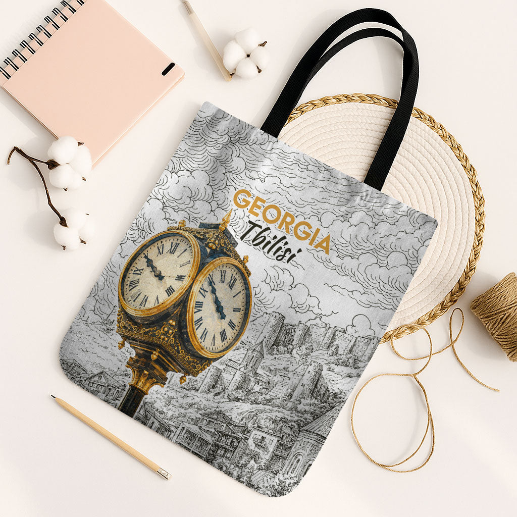 Georgia Tbilisi Clock Tower Tote Bag Kartlis Deda Vintage Sketch Style