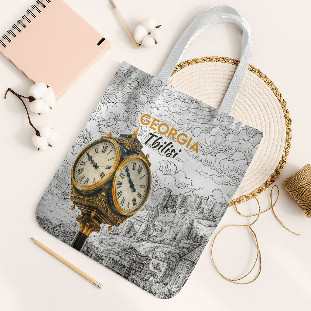 Georgia Tbilisi Clock Tower Tote Bag Kartlis Deda Vintage Sketch Style