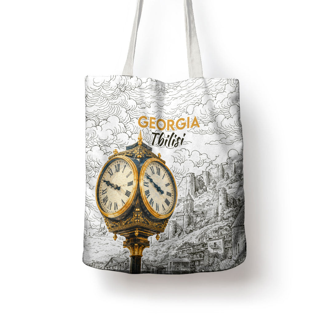 Georgia Tbilisi Clock Tower Tote Bag Kartlis Deda Vintage Sketch Style