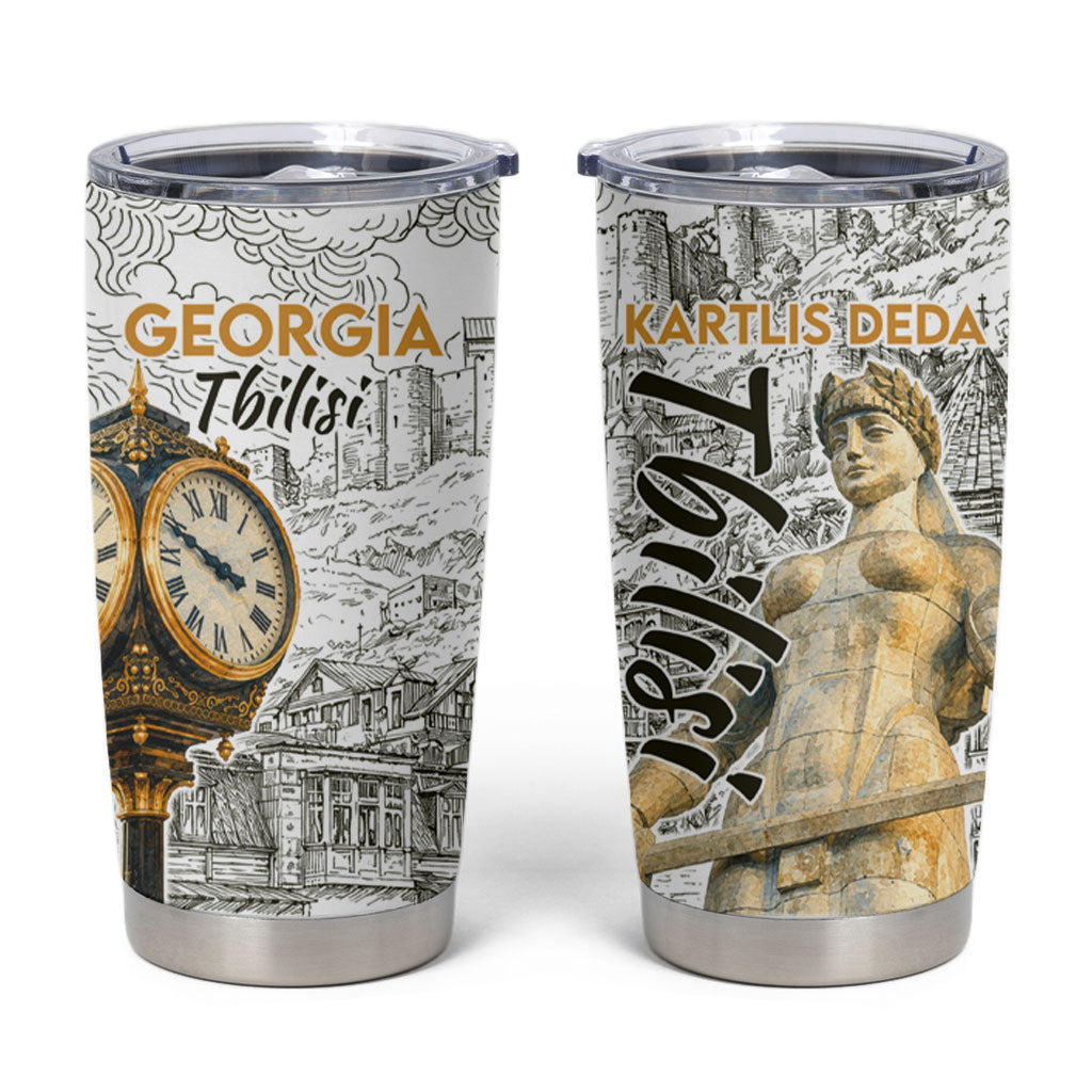 Georgia Tbilisi Clock Tower Tumbler Cup Kartlis Deda Vintage Sketch Style