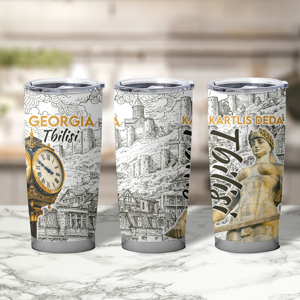 Georgia Tbilisi Clock Tower Tumbler Cup Kartlis Deda Vintage Sketch Style