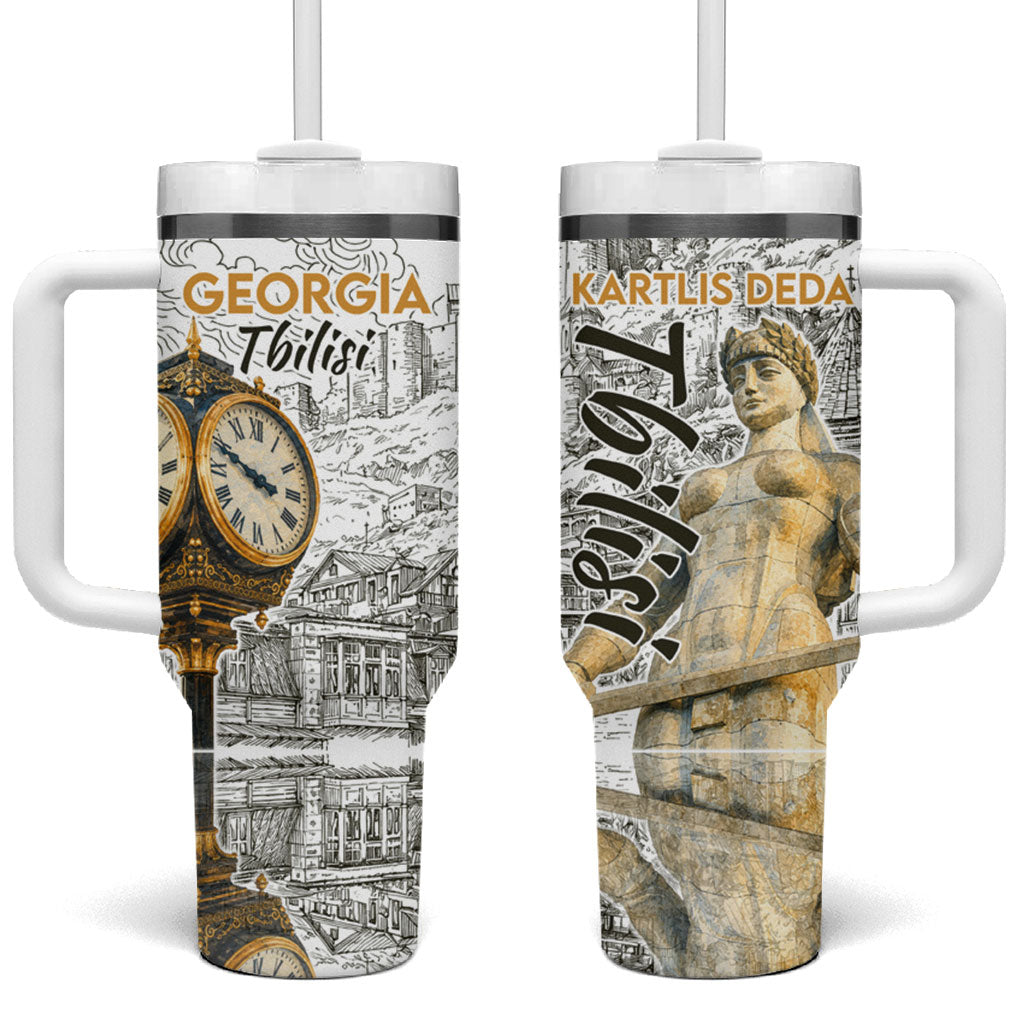 Georgia Tbilisi Clock Tower Tumbler With Handle Kartlis Deda Vintage Sketch Style