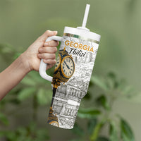 Georgia Tbilisi Clock Tower Tumbler With Handle Kartlis Deda Vintage Sketch Style