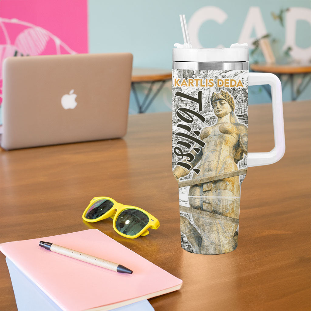 Georgia Tbilisi Clock Tower Tumbler With Handle Kartlis Deda Vintage Sketch Style