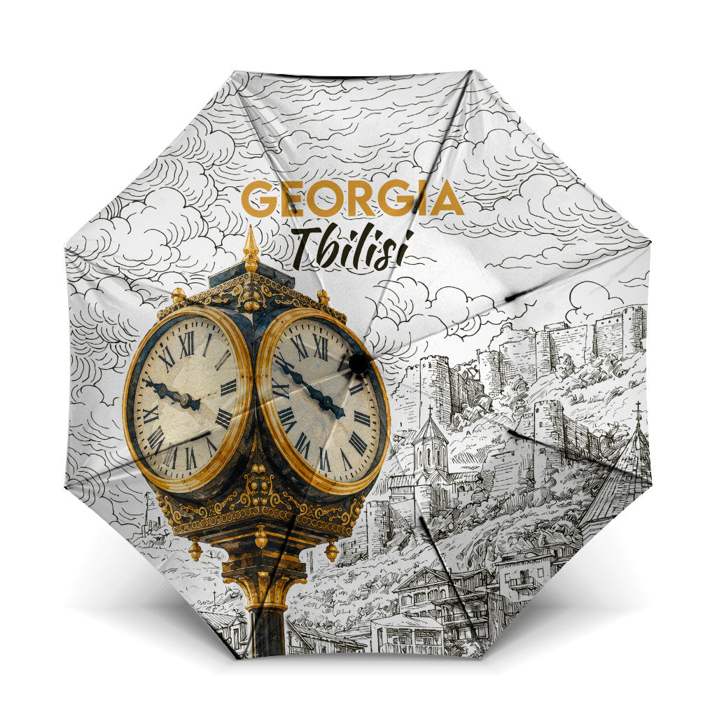 Georgia Tbilisi Clock Tower Umbrella Kartlis Deda Vintage Sketch Style