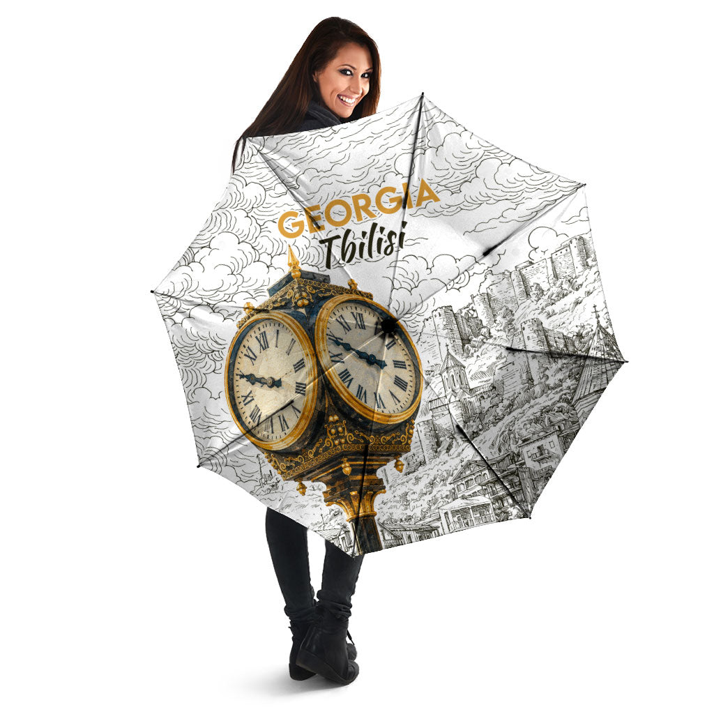Georgia Tbilisi Clock Tower Umbrella Kartlis Deda Vintage Sketch Style
