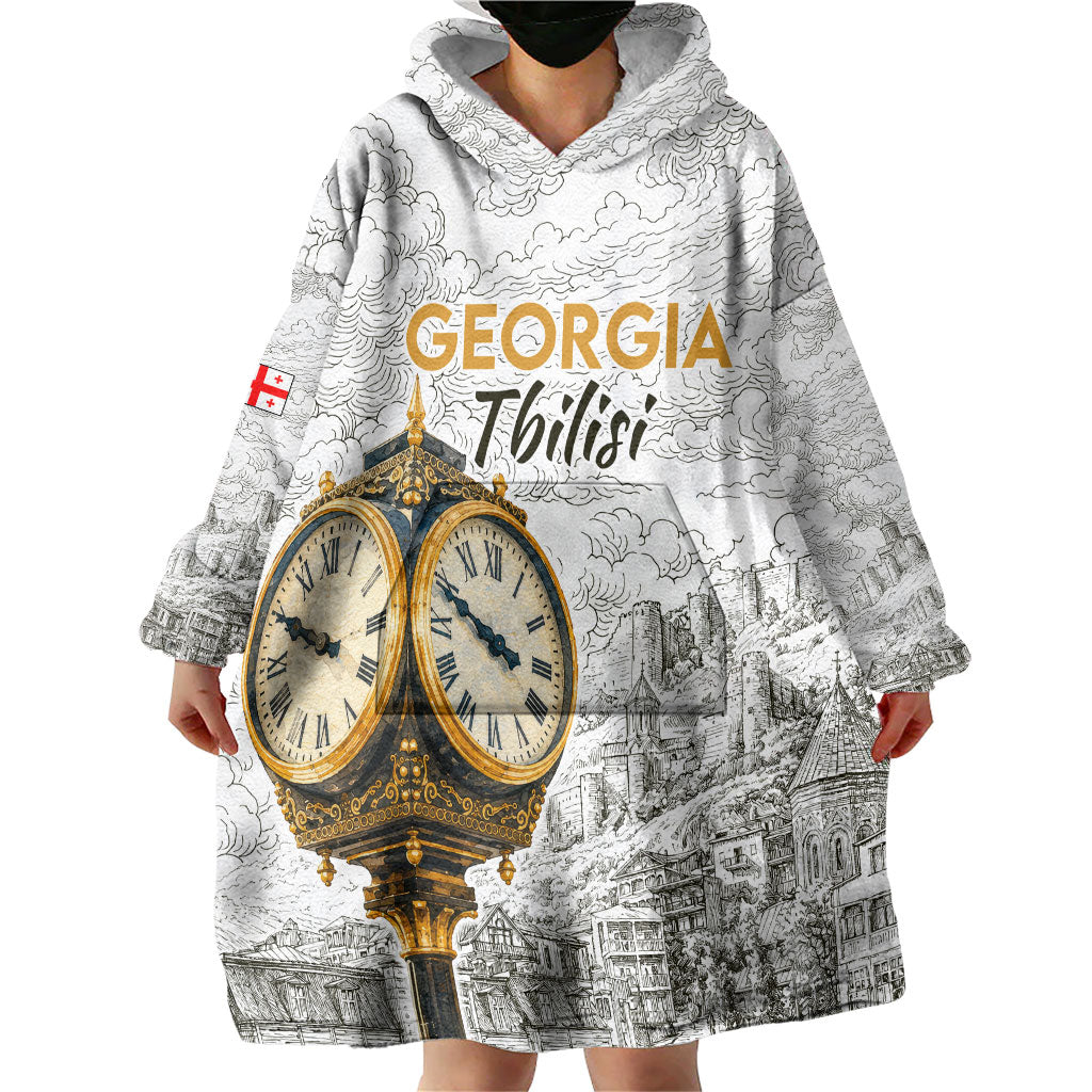Georgia Tbilisi Clock Tower Wearable Blanket Hoodie Kartlis Deda Vintage Sketch Style