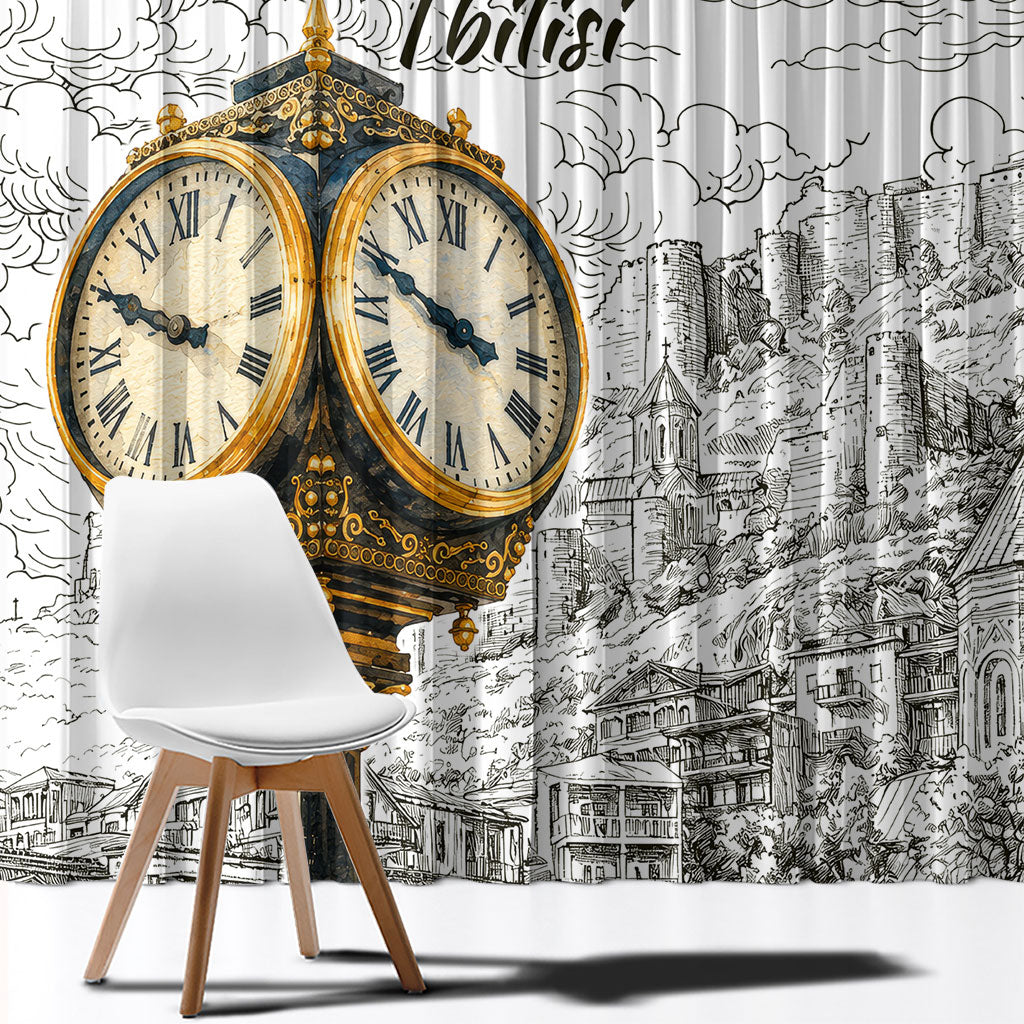Georgia Tbilisi Clock Tower Window Curtain Kartlis Deda Vintage Sketch Style