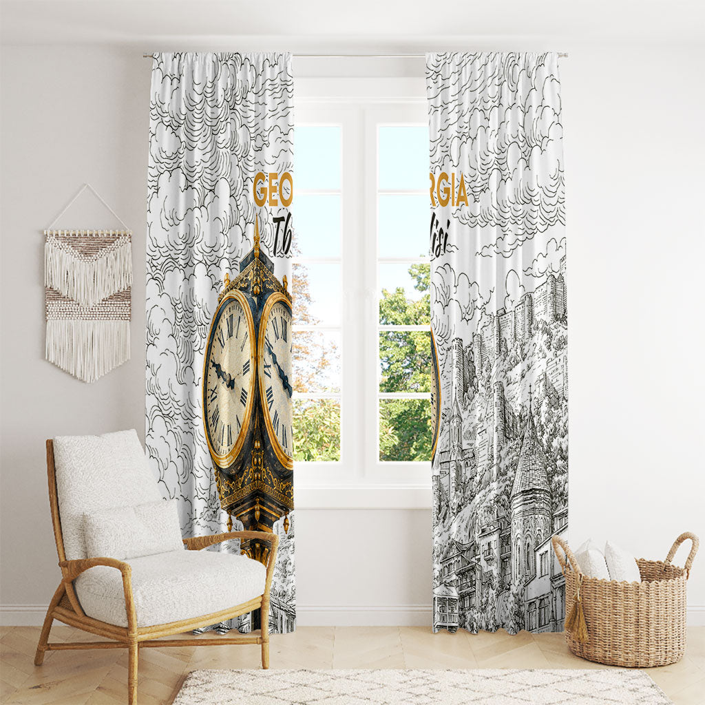 Georgia Tbilisi Clock Tower Window Curtain Kartlis Deda Vintage Sketch Style