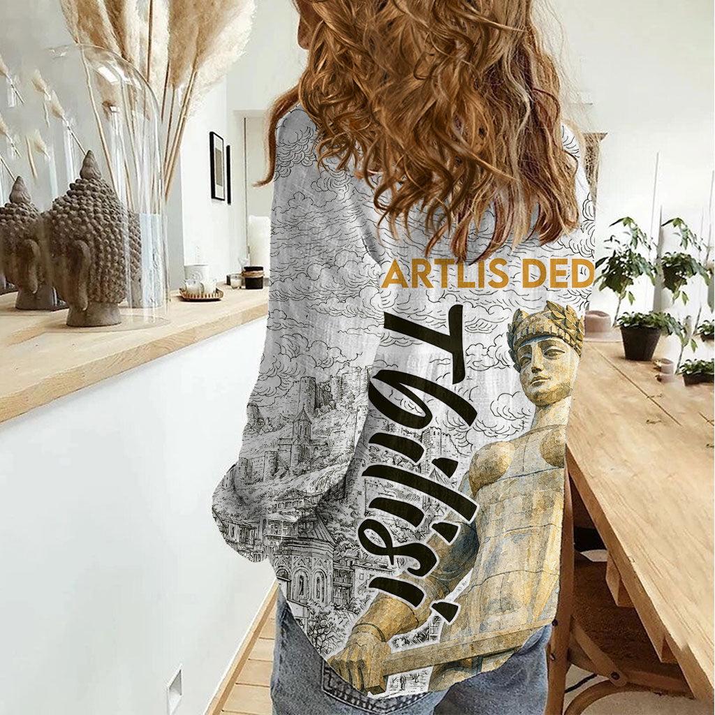 Georgia Tbilisi Clock Tower Women Casual Shirt Kartlis Deda Vintage Sketch Style