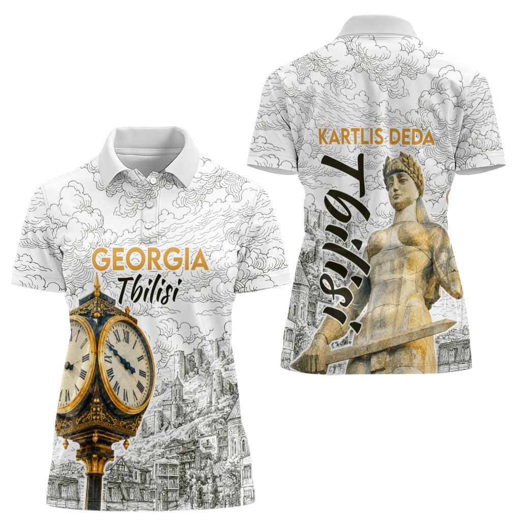 Georgia Tbilisi Clock Tower Women Polo Shirt Kartlis Deda Vintage Sketch Style