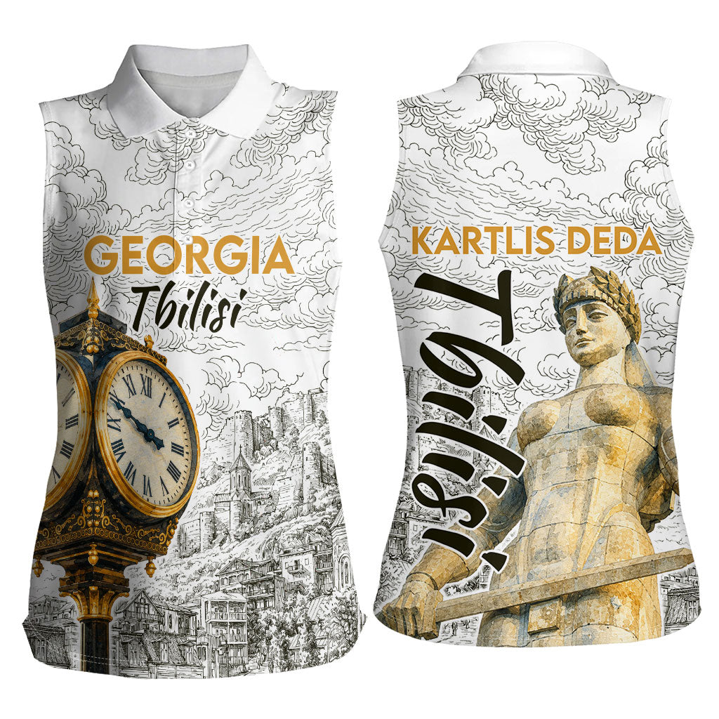 Georgia Tbilisi Clock Tower Women Sleeveless Polo Shirt Kartlis Deda Vintage Sketch Style