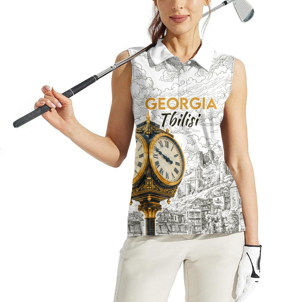 Georgia Tbilisi Clock Tower Women Sleeveless Polo Shirt Kartlis Deda Vintage Sketch Style