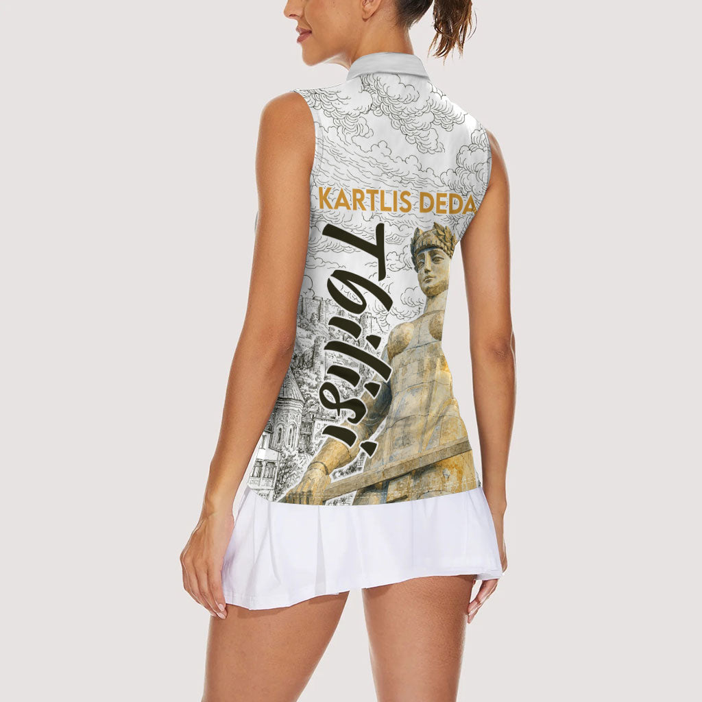 Georgia Tbilisi Clock Tower Women Sleeveless Polo Shirt Kartlis Deda Vintage Sketch Style