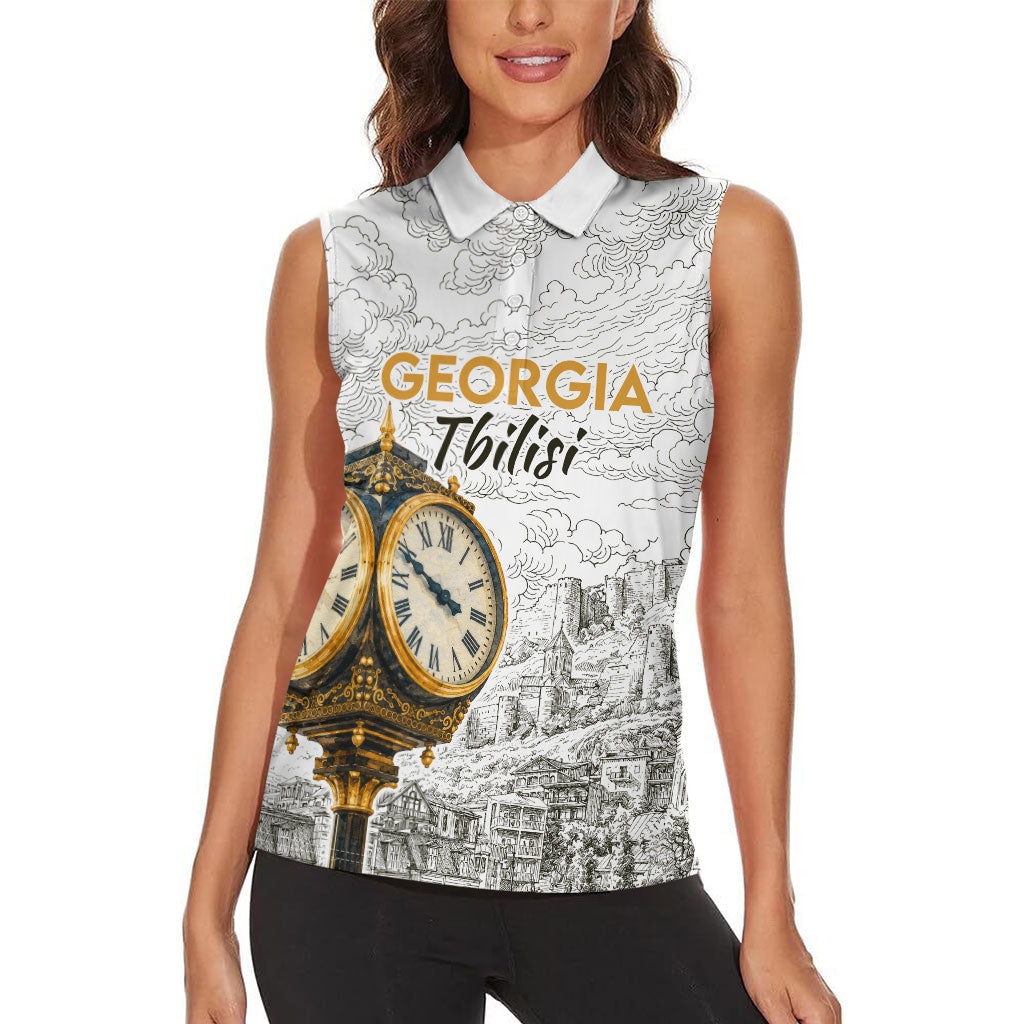 Georgia Tbilisi Clock Tower Women Sleeveless Polo Shirt Kartlis Deda Vintage Sketch Style