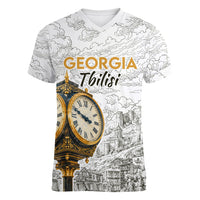 Georgia Tbilisi Clock Tower Women V-Neck T-Shirt Kartlis Deda Vintage Sketch Style