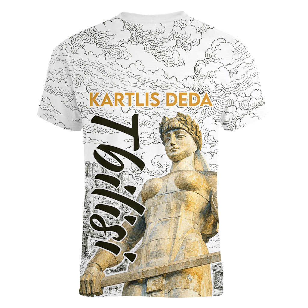 Georgia Tbilisi Clock Tower Women V-Neck T-Shirt Kartlis Deda Vintage Sketch Style