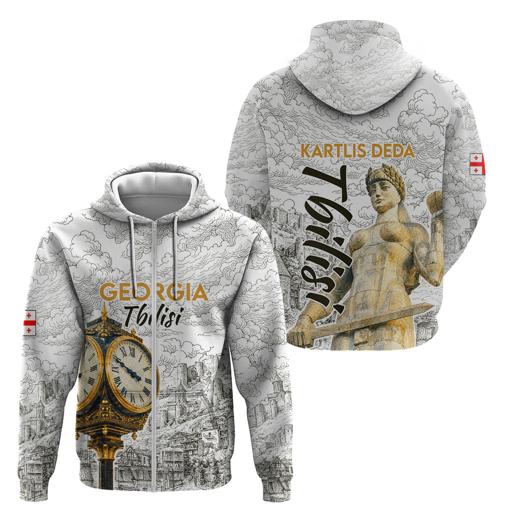 Georgia Tbilisi Clock Tower Zip Hoodie Kartlis Deda Vintage Sketch Style