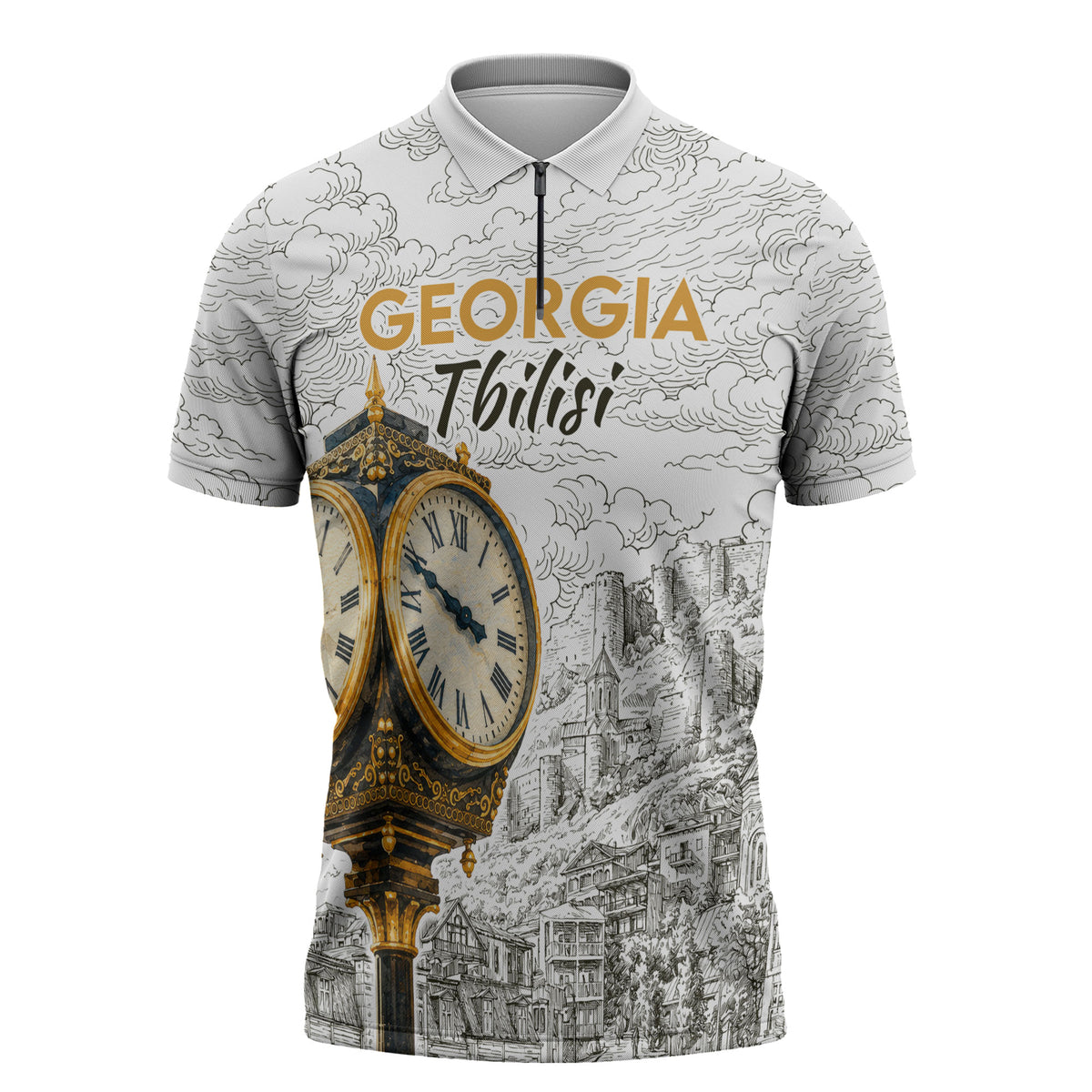 Georgia Tbilisi Clock Tower Zipper Polo Shirt Kartlis Deda Vintage Sketch Style