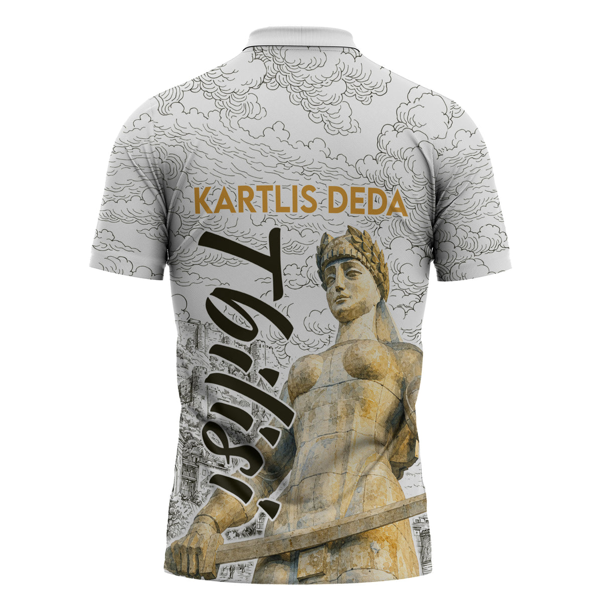 Georgia Tbilisi Clock Tower Zipper Polo Shirt Kartlis Deda Vintage Sketch Style