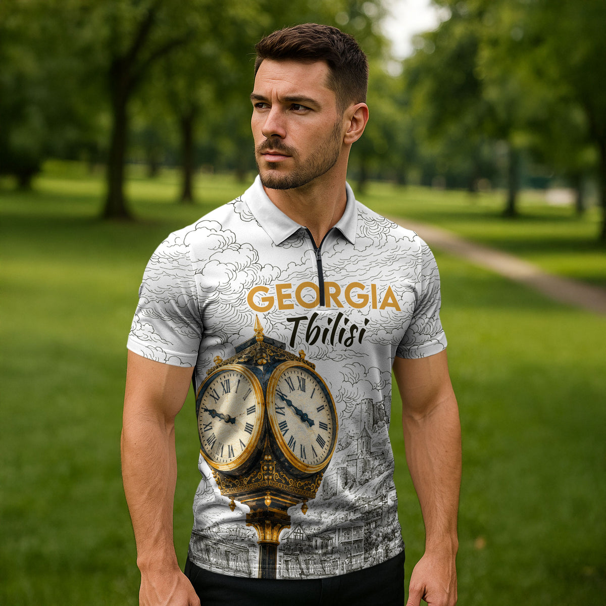 Georgia Tbilisi Clock Tower Zipper Polo Shirt Kartlis Deda Vintage Sketch Style