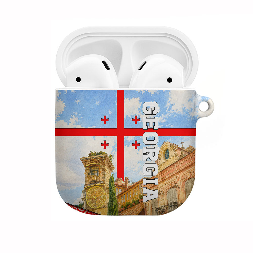 Georgia National Flag AirPods Case Tbilisi Clock Tower Heritage Sky Art
