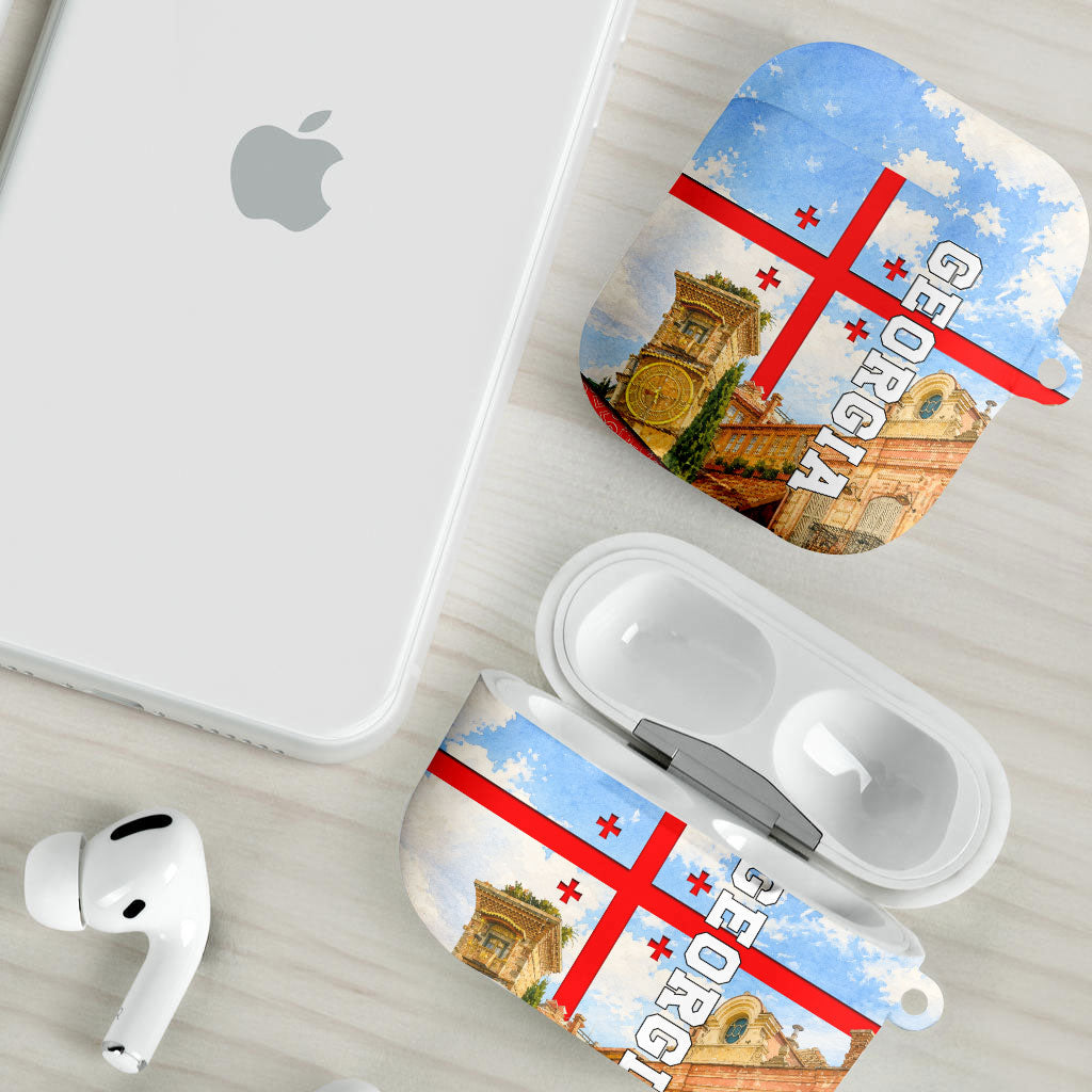 Georgia National Flag AirPods Case Tbilisi Clock Tower Heritage Sky Art