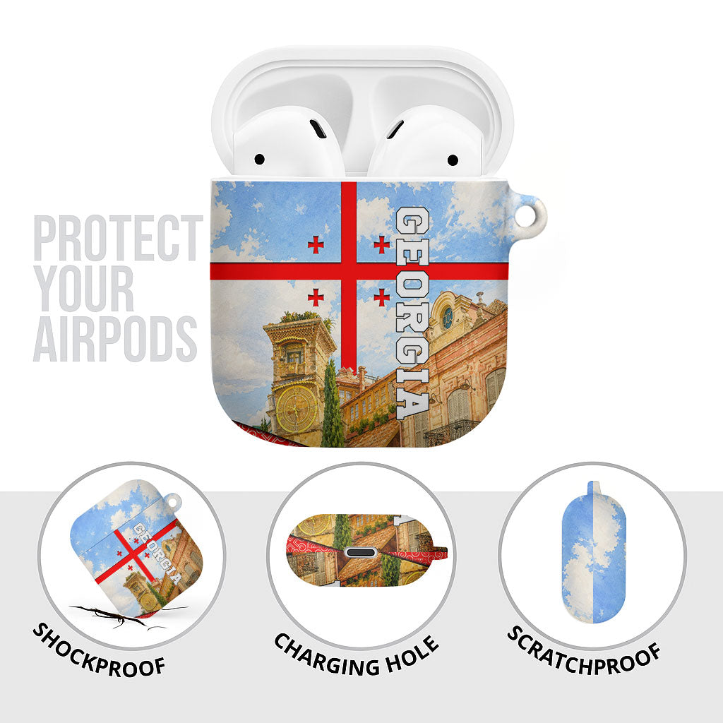 Georgia National Flag AirPods Case Tbilisi Clock Tower Heritage Sky Art