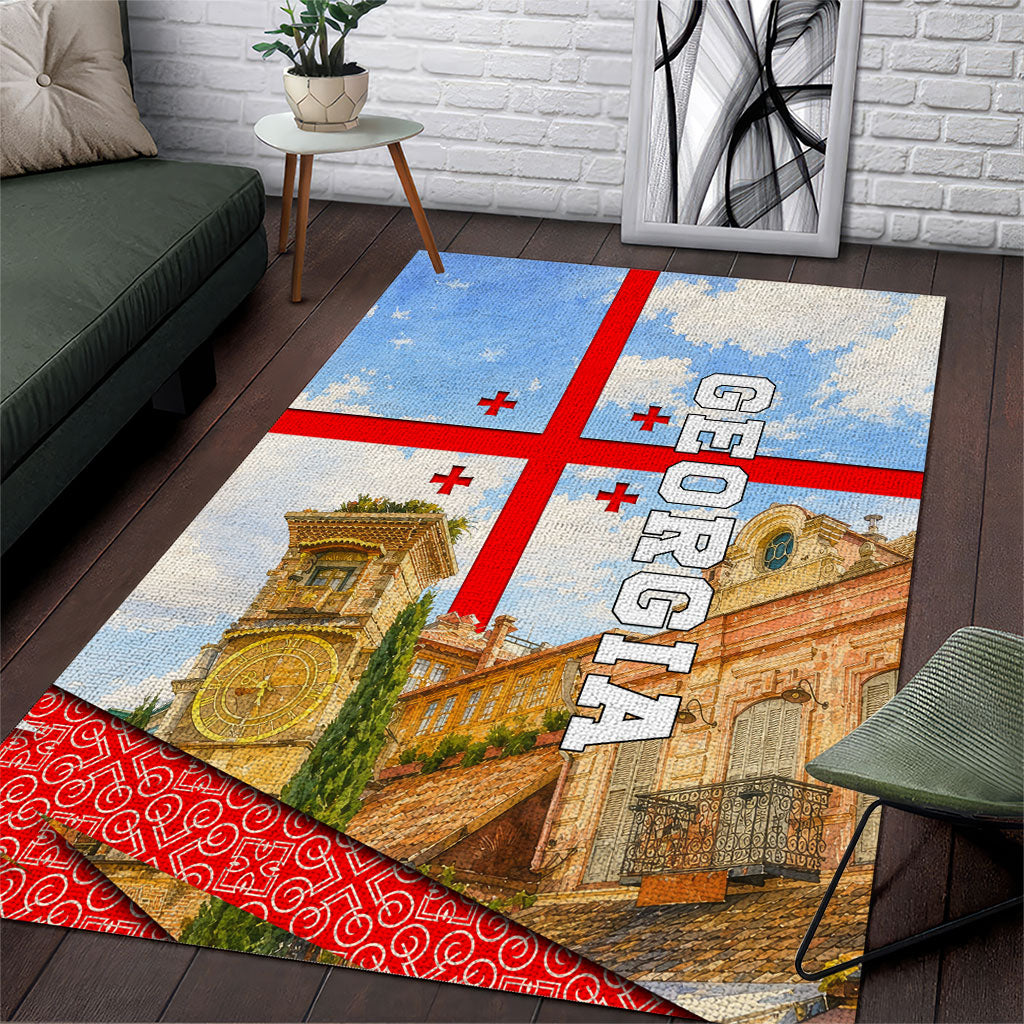 Georgia National Flag Area Rug Tbilisi Clock Tower Heritage Sky Art