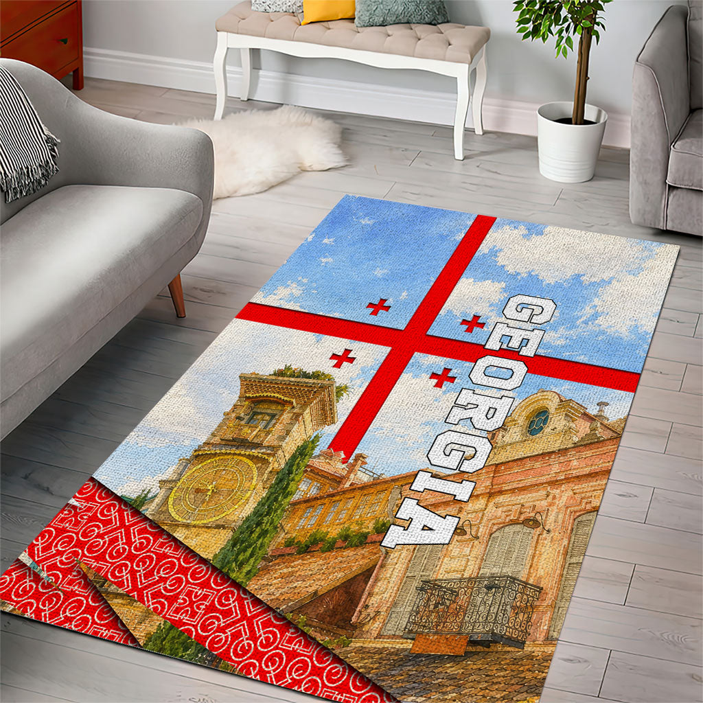 Georgia National Flag Area Rug Tbilisi Clock Tower Heritage Sky Art