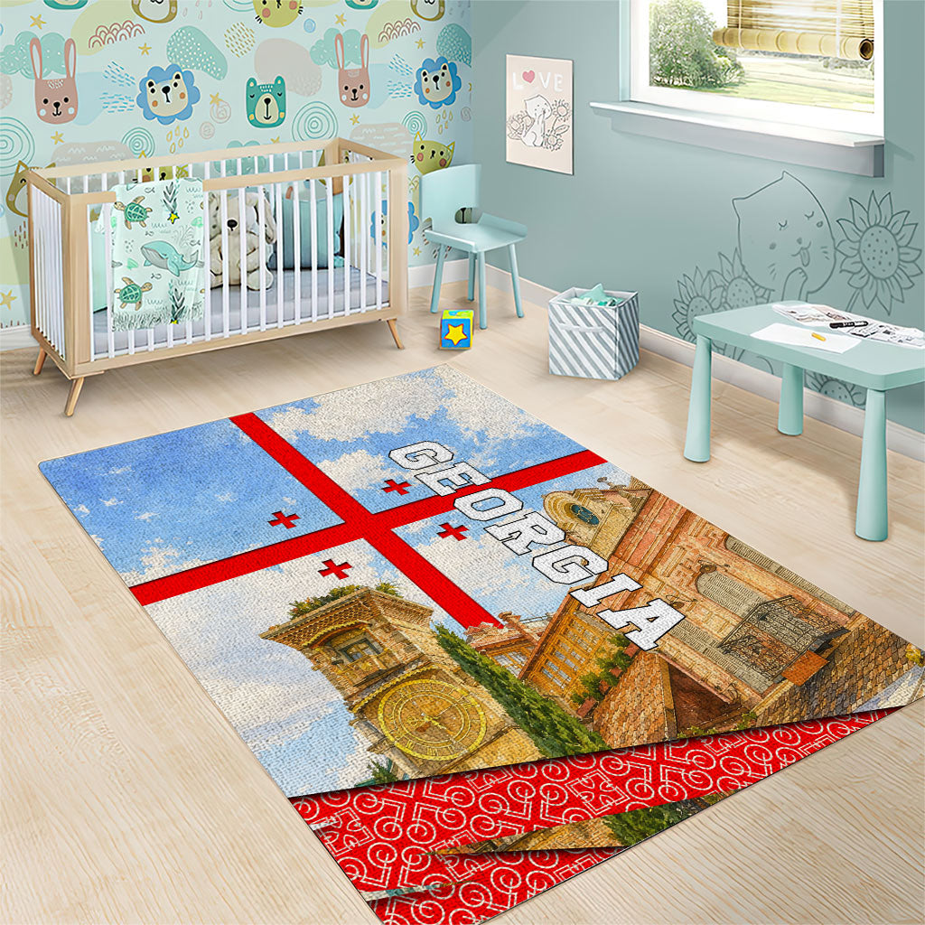 Georgia National Flag Area Rug Tbilisi Clock Tower Heritage Sky Art