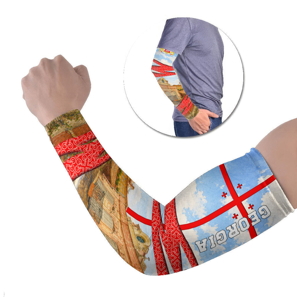 Georgia National Flag Arm Sleeves Tbilisi Clock Tower Heritage Sky Art
