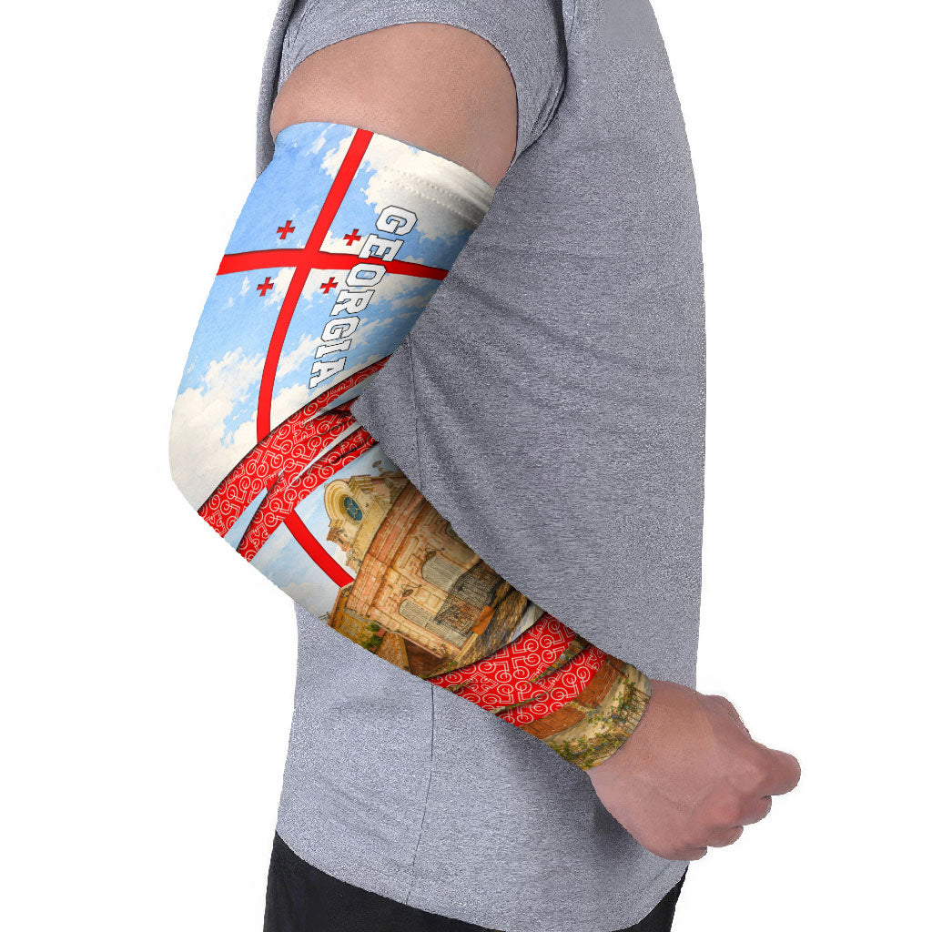 Georgia National Flag Arm Sleeves Tbilisi Clock Tower Heritage Sky Art