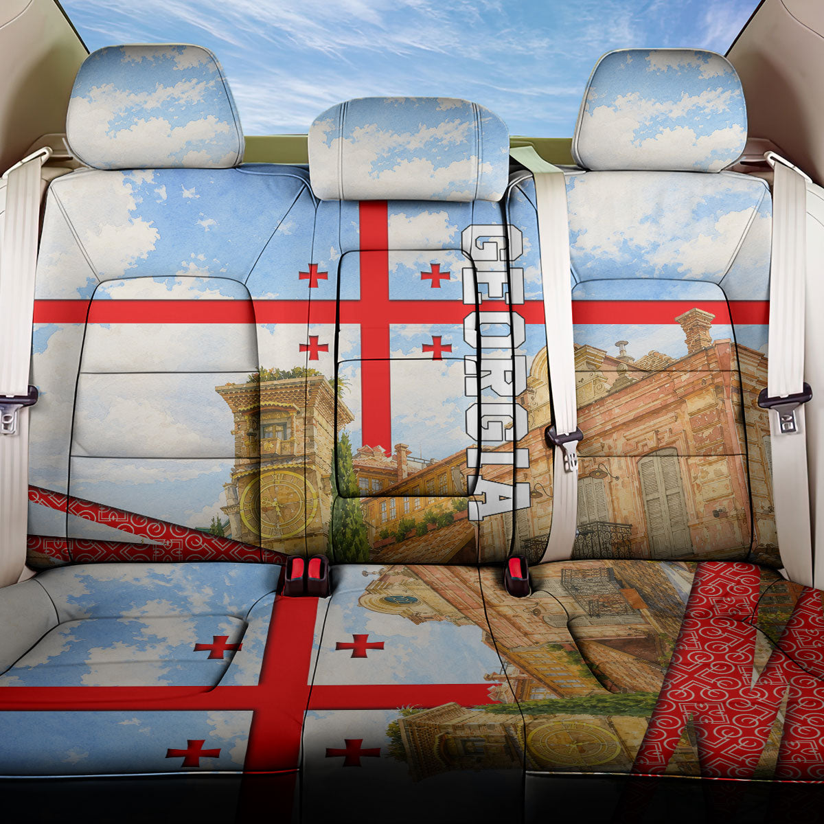 Georgia National Flag Back Car Seat Cover Tbilisi Clock Tower Heritage Sky Art