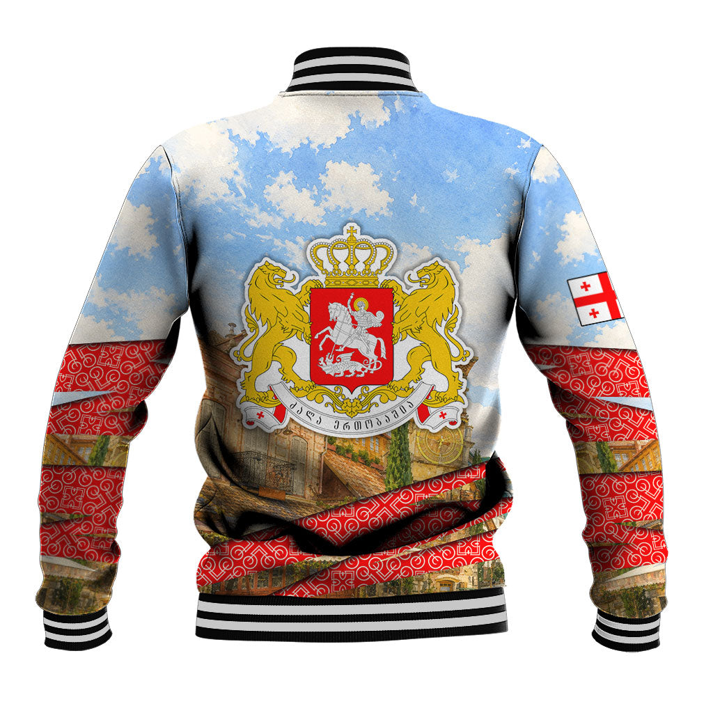 Georgia National Flag Baseball Jacket Tbilisi Clock Tower Heritage Sky Art