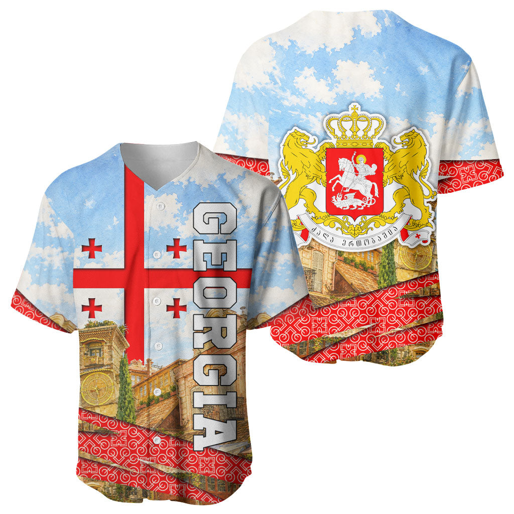 Georgia National Flag Baseball Jersey Tbilisi Clock Tower Heritage Sky Art