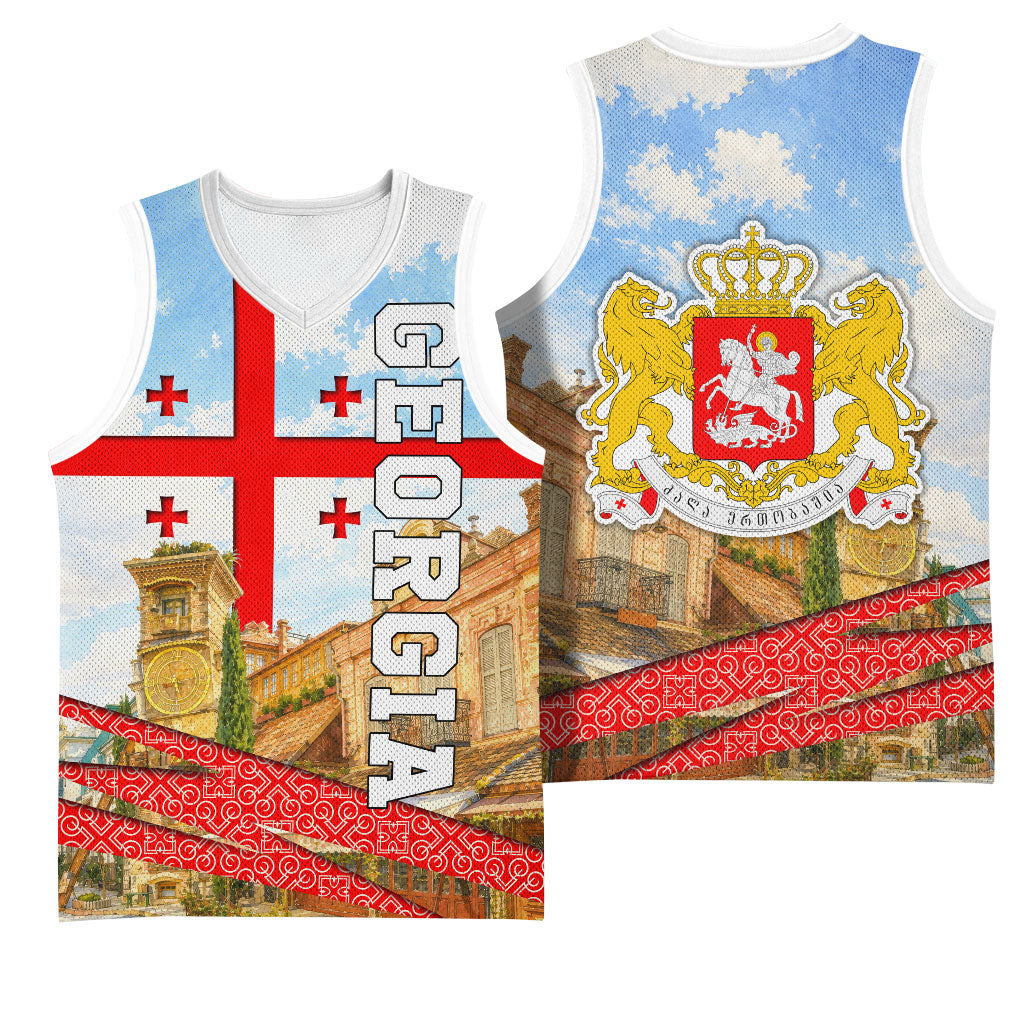 Georgia National Flag Basketball Jersey Tbilisi Clock Tower Heritage Sky Art