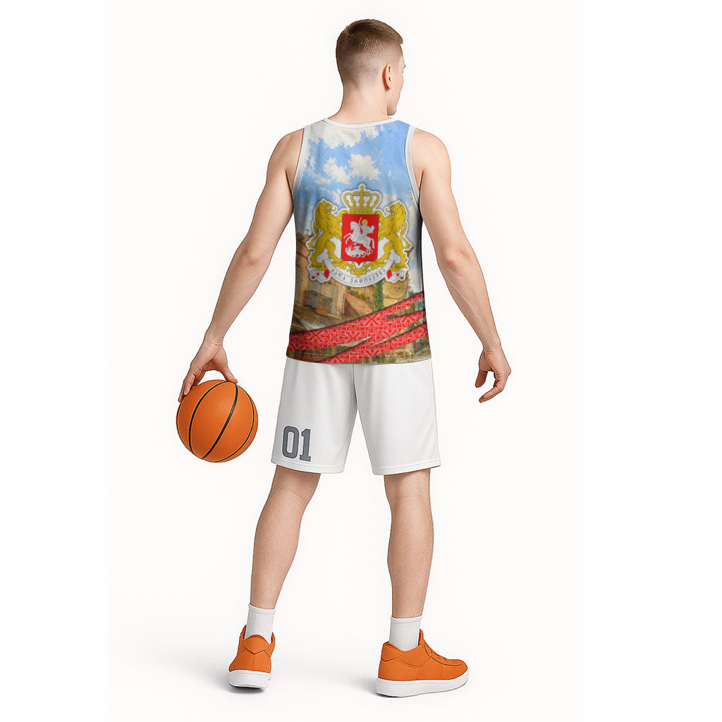 Georgia National Flag Basketball Jersey Tbilisi Clock Tower Heritage Sky Art