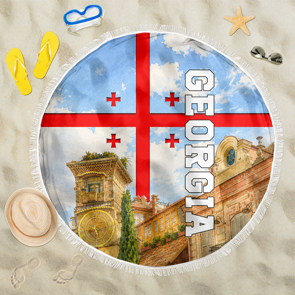 Georgia National Flag Beach Blanket Tbilisi Clock Tower Heritage Sky Art