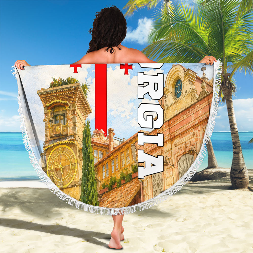 Georgia National Flag Beach Blanket Tbilisi Clock Tower Heritage Sky Art