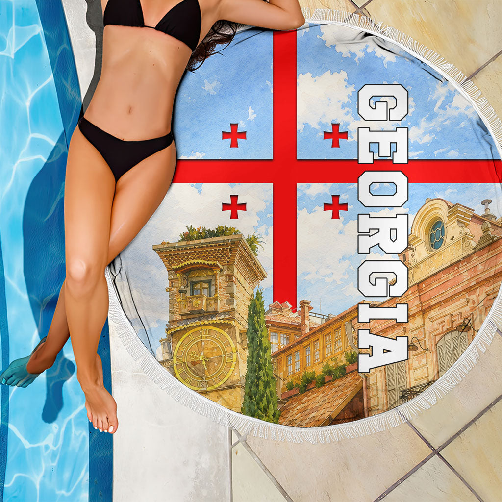 Georgia National Flag Beach Blanket Tbilisi Clock Tower Heritage Sky Art