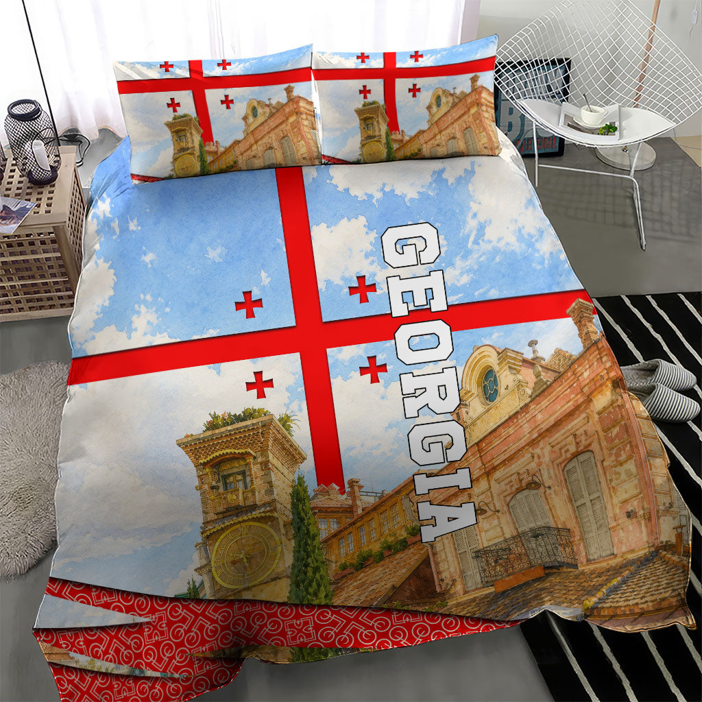 Georgia National Flag Bedding Set Tbilisi Clock Tower Heritage Sky Art