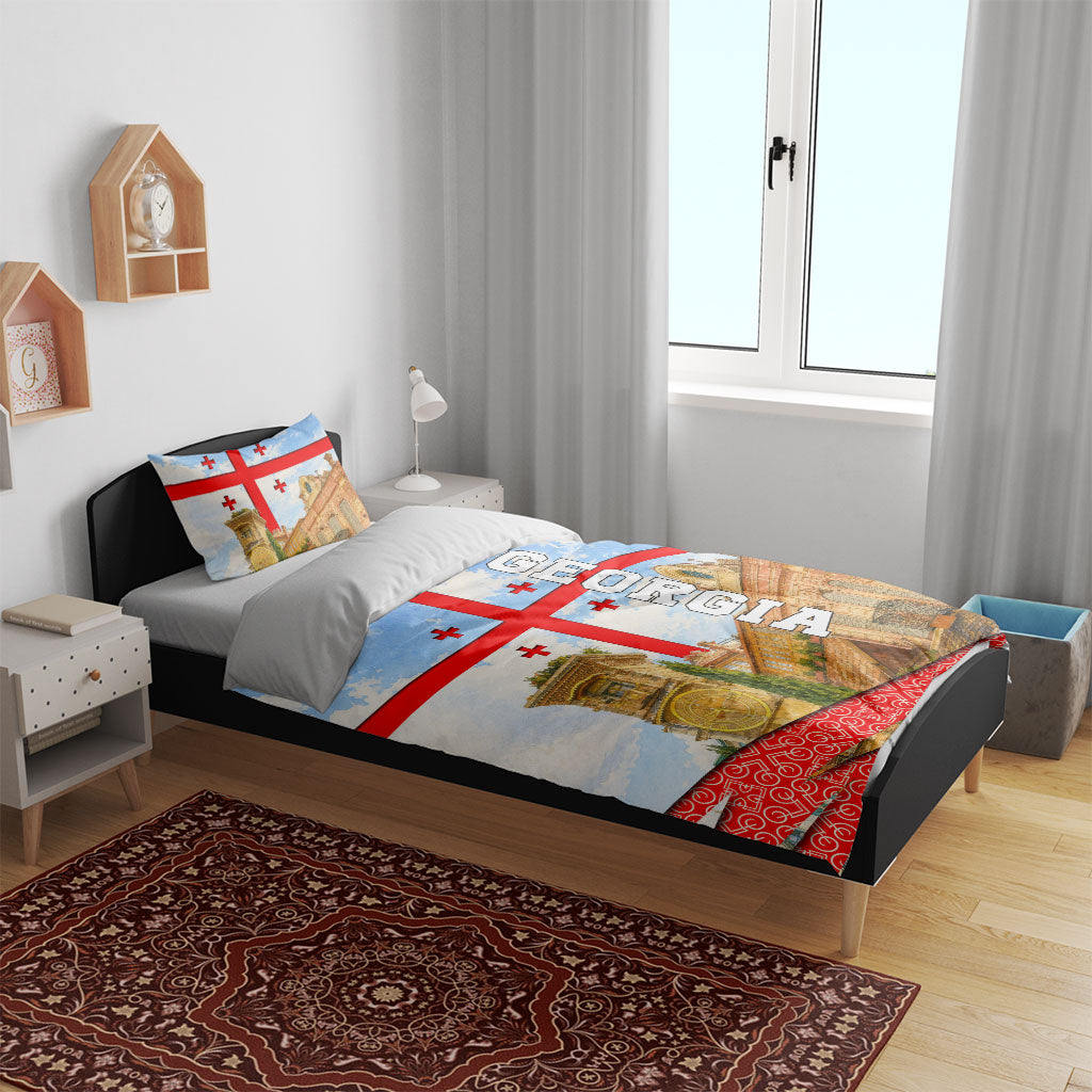 Georgia National Flag Bedding Set Tbilisi Clock Tower Heritage Sky Art