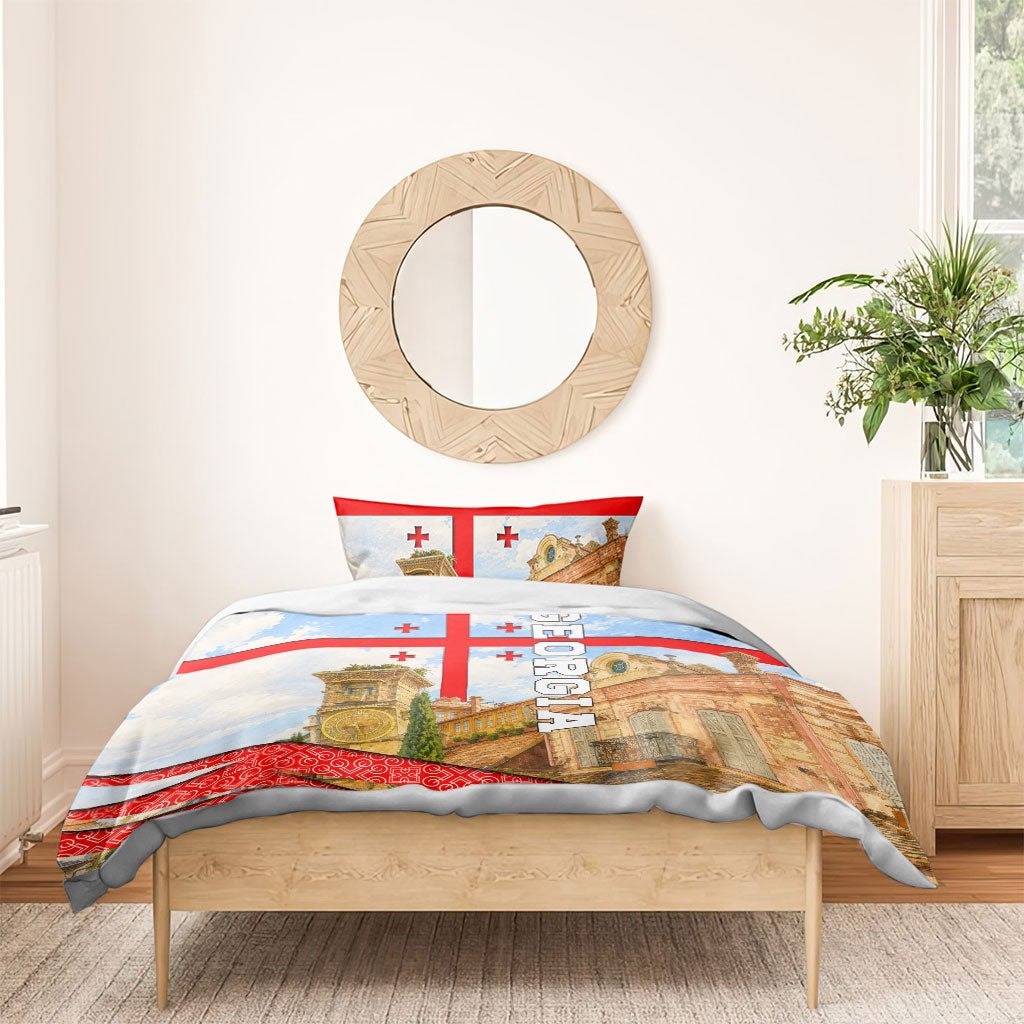 Georgia National Flag Bedding Set Tbilisi Clock Tower Heritage Sky Art