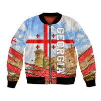 Georgia National Flag Bomber Jacket Tbilisi Clock Tower Heritage Sky Art