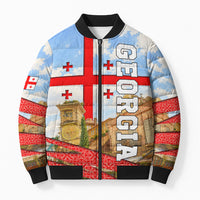 Georgia National Flag Bomber Puffer Jacket Tbilisi Clock Tower Heritage Sky Art