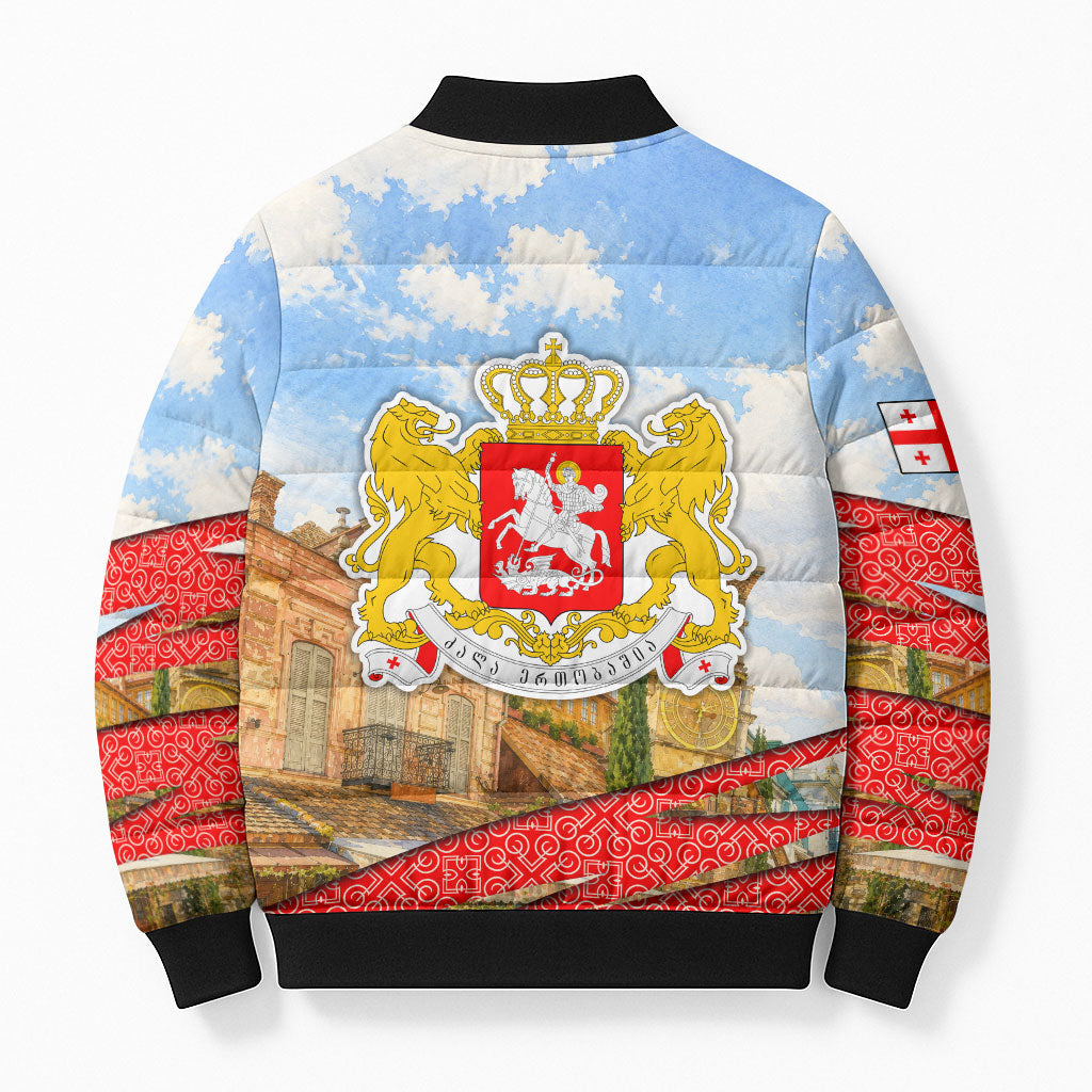 Georgia National Flag Bomber Puffer Jacket Tbilisi Clock Tower Heritage Sky Art