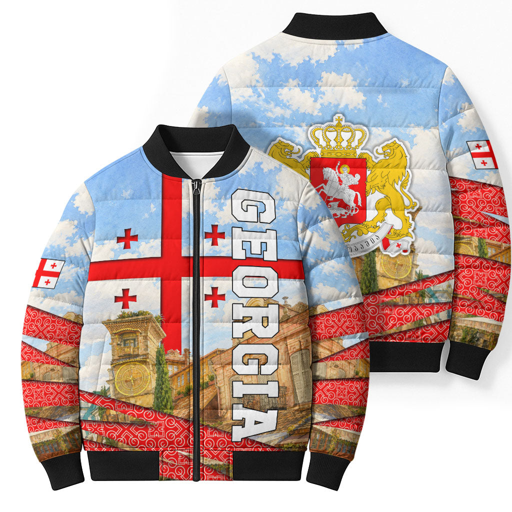 Georgia National Flag Bomber Puffer Jacket Tbilisi Clock Tower Heritage Sky Art