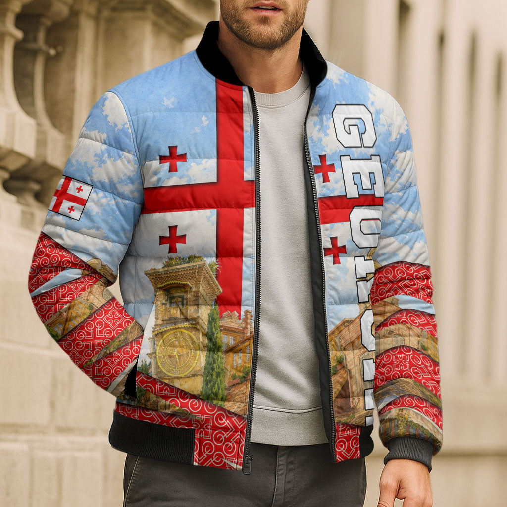 Georgia National Flag Bomber Puffer Jacket Tbilisi Clock Tower Heritage Sky Art